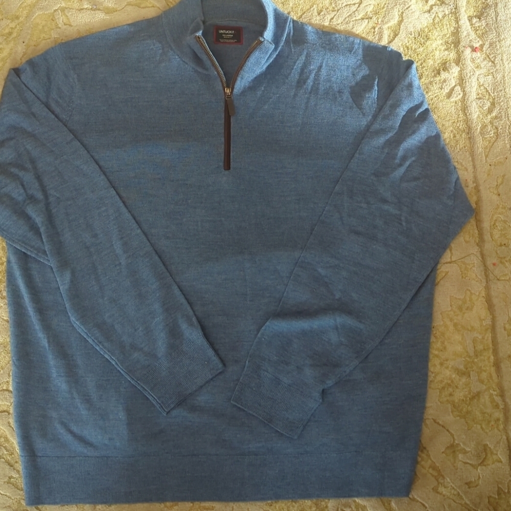 Untuckit Sweater Mens XXL Blue 100% Extra Fine Merino Wool Mock Neck 1/4 Zip